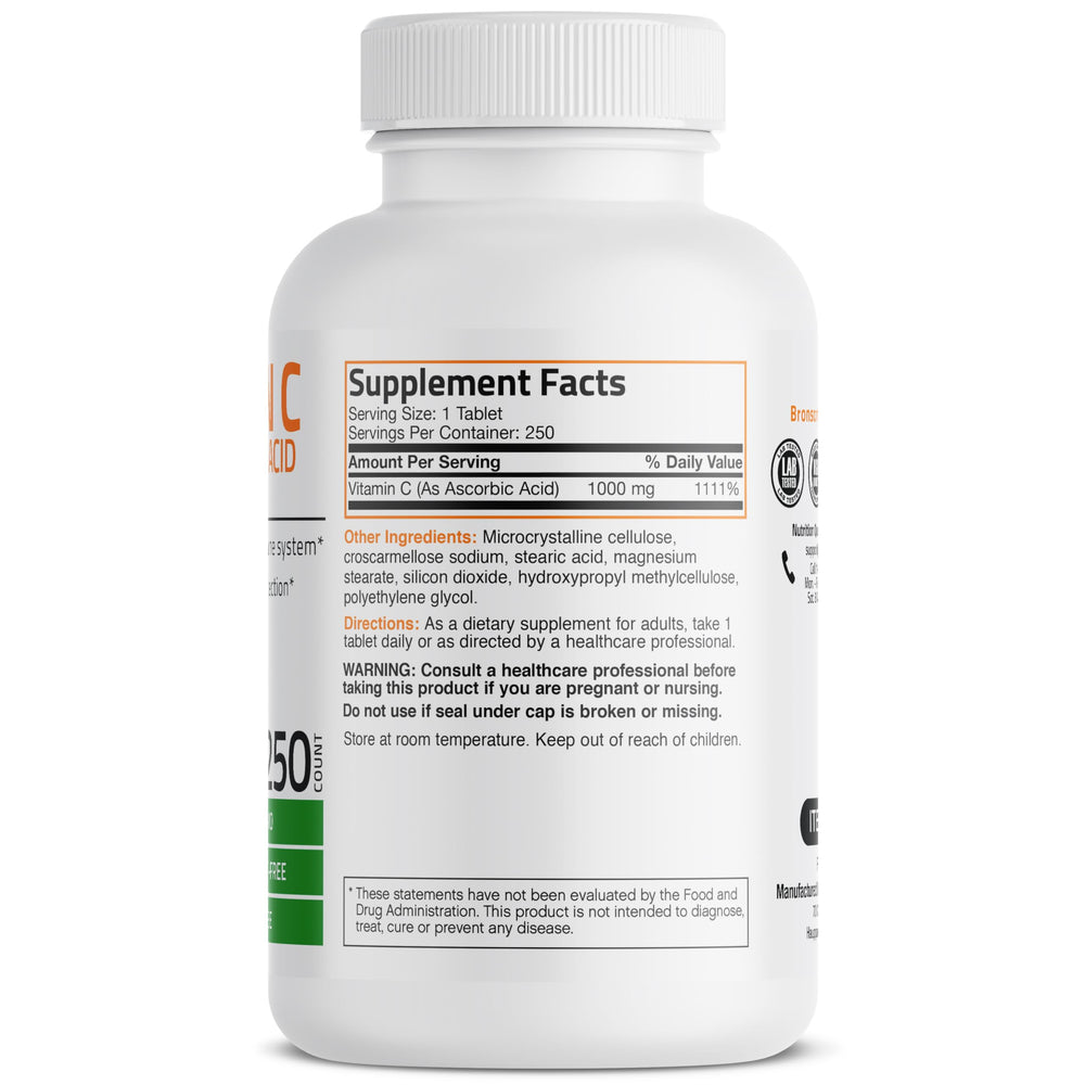 Label on Bronson Vitamin C 1000mg bottle showing Non-GMO, Gluten-Free, Soy-Free