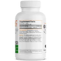 Label on Bronson Vitamin C 1000mg bottle showing Non-GMO, Gluten-Free, Soy-Free