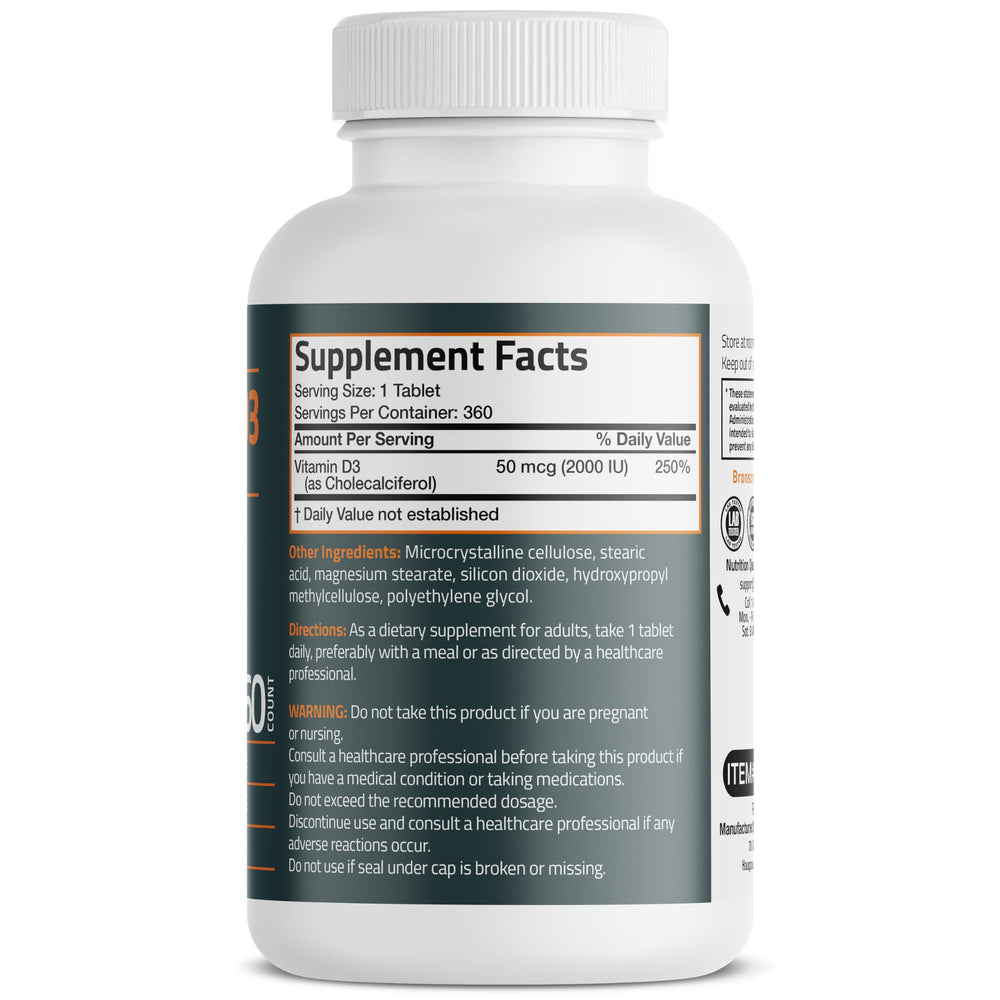Front view of Bronson Vitamin D3 2000 IU 360-tablet bottle