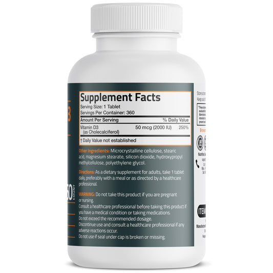 Front view of Bronson Vitamin D3 2000 IU 360-tablet bottle