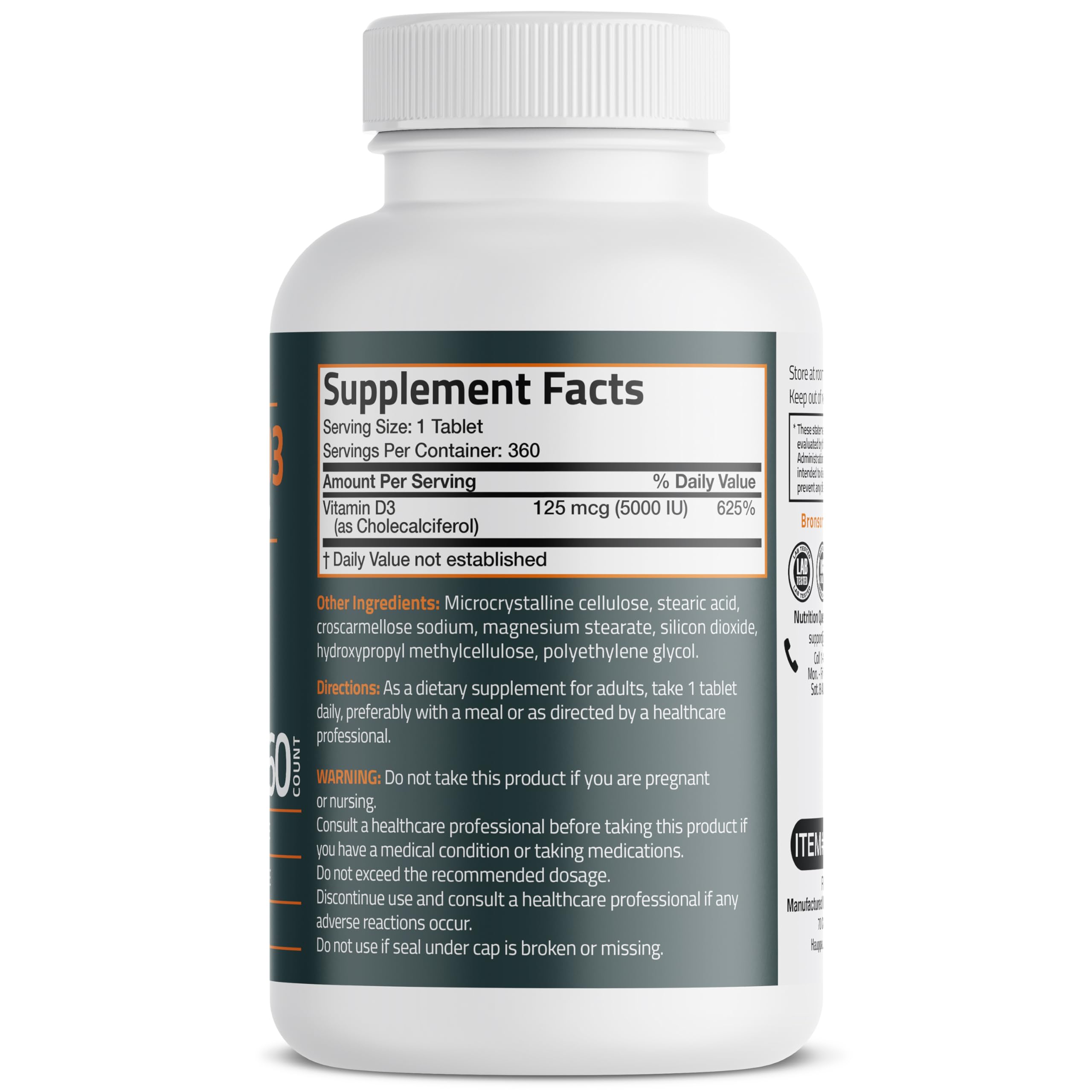 Close-up of Bronson Vitamin D3 5000 IU tablets