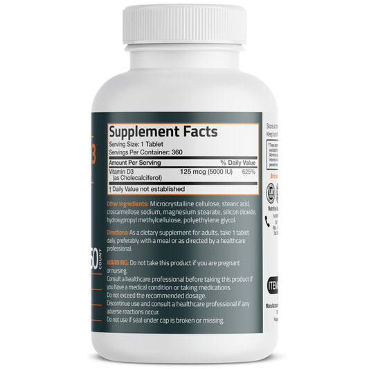 Close-up of Bronson Vitamin D3 5000 IU tablets