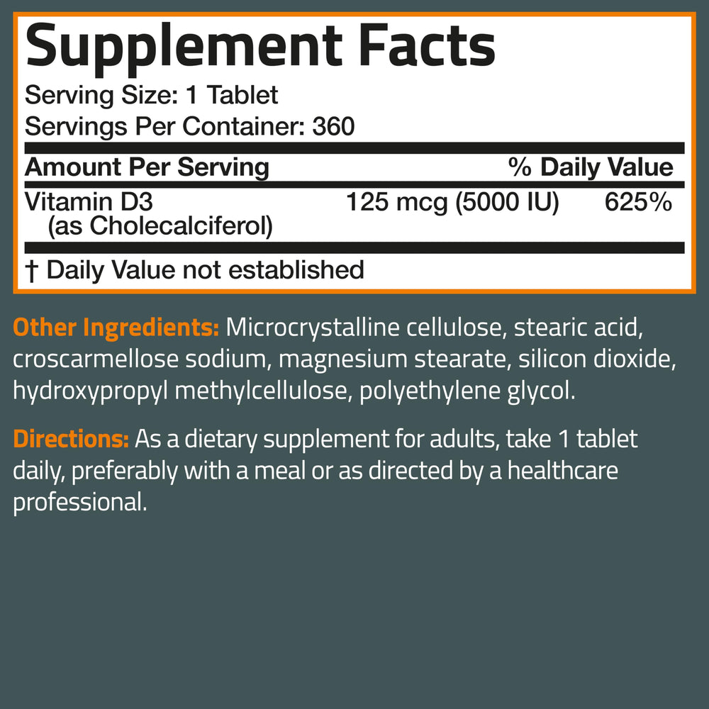 Bronson Vitamin D3 5000 IU bottle with 360 tablets