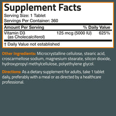 Bronson Vitamin D3 5000 IU bottle with 360 tablets