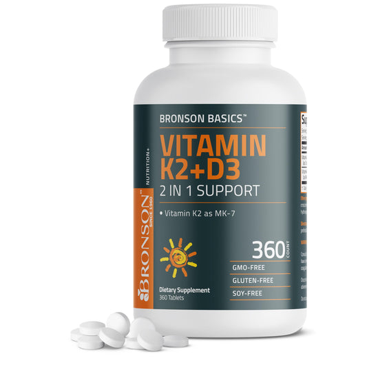 Bronson Vitamin K2 D3 MK-7 supplement bottle with 360 tablets