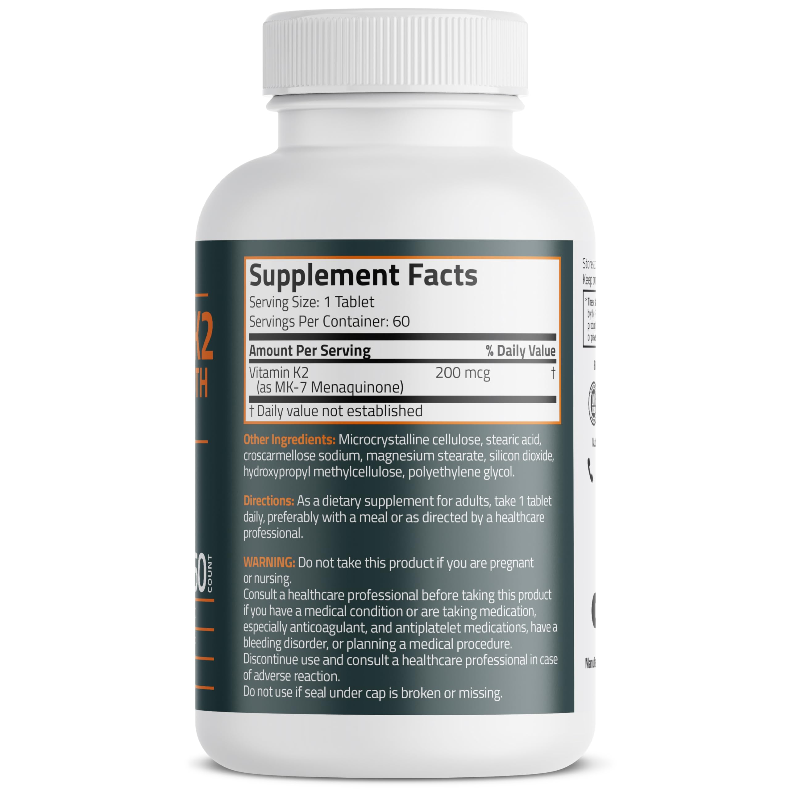 Close-up of Bronson Vitamin K2 MK-7 200 mcg vegetarian tablet