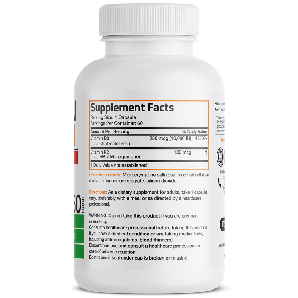 Label showing 10,000 IU Vitamin D3 and 120 mcg Vitamin K2 MK-7