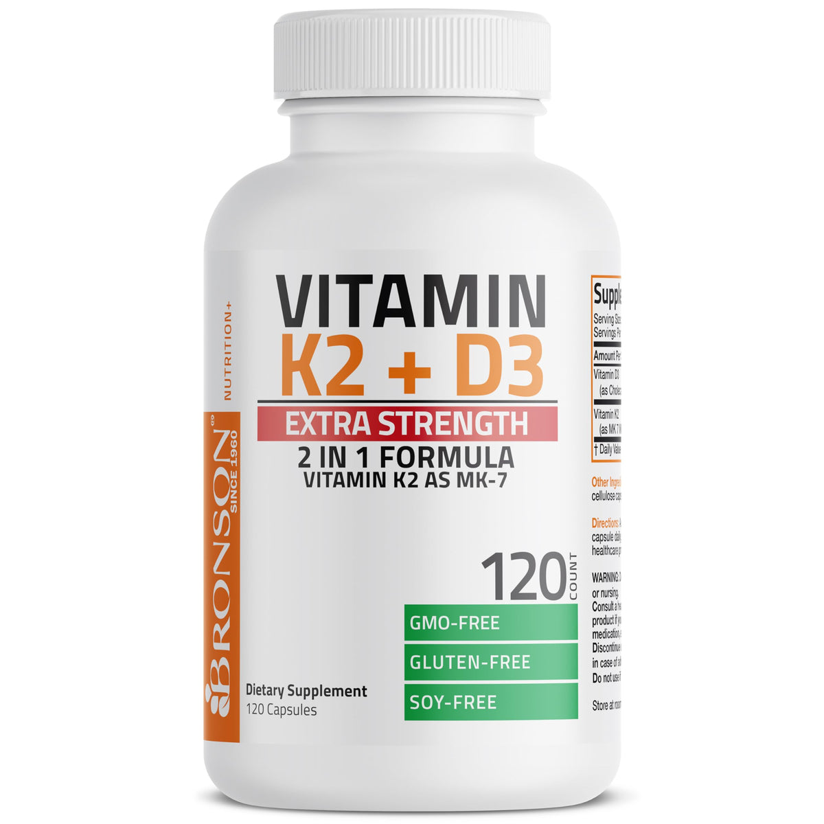 Bronson Vitamin K2 MK-7 with D3 Extra Strength bottle — 120 capsules
