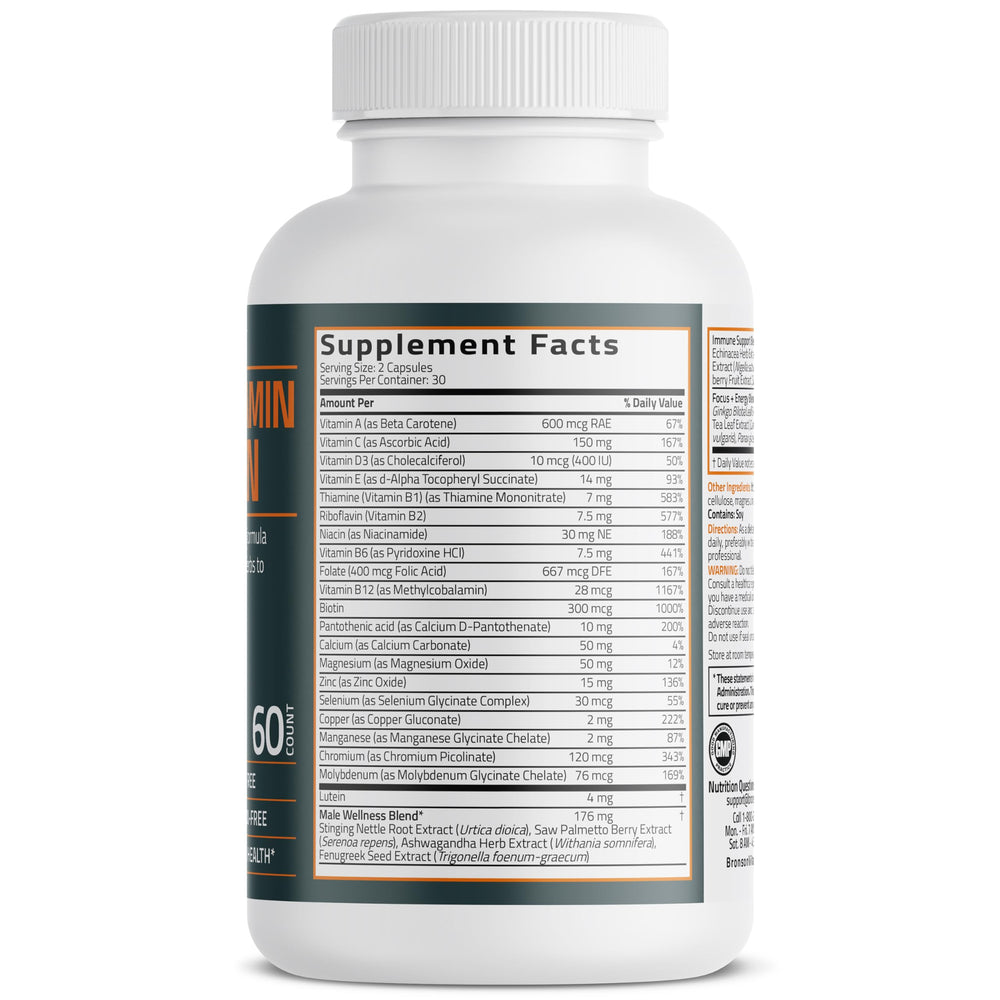 Label highlighting key vitamins and minerals for men's health