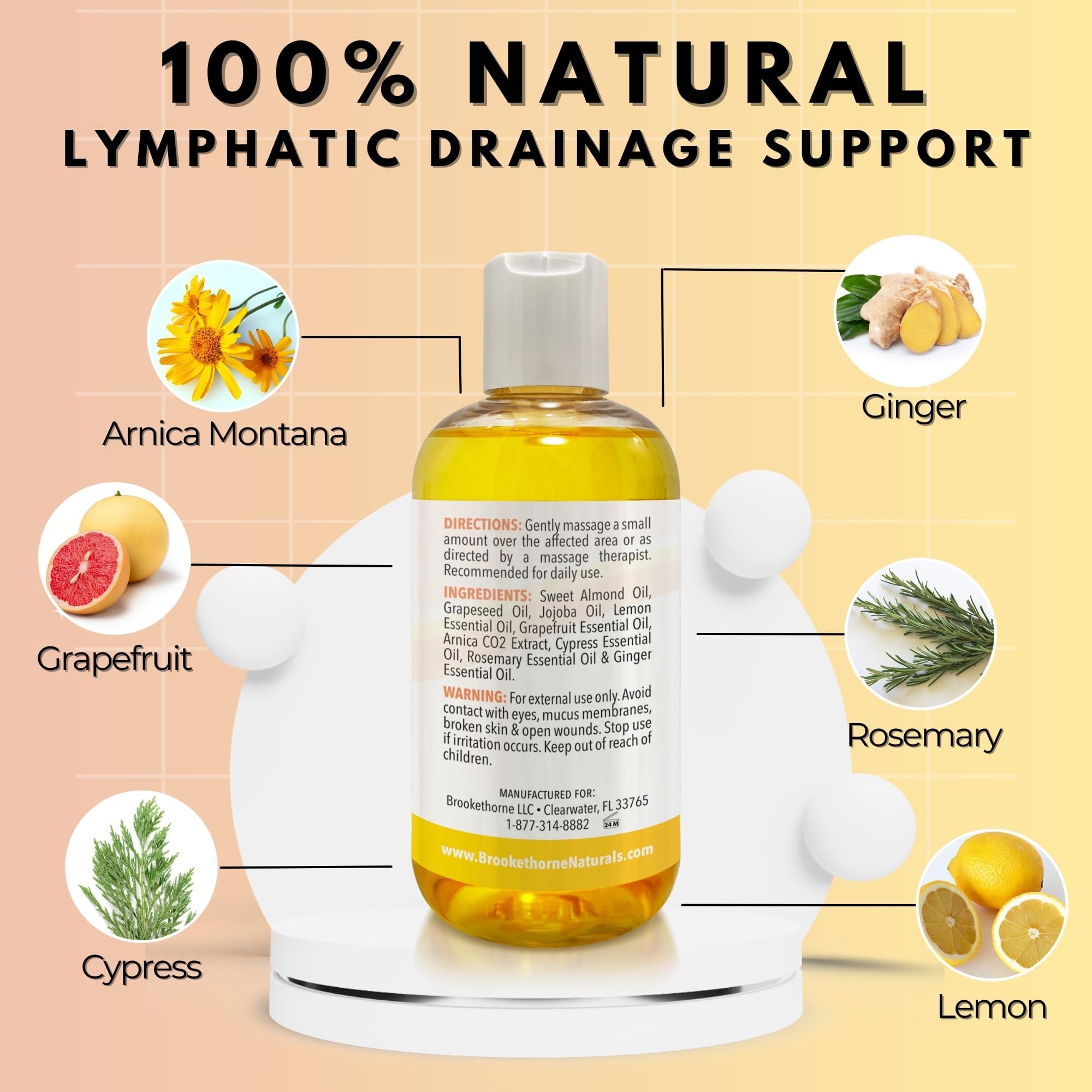 Close-up of Arnica, Lemon & Ginger essential oil blend for lymph drainage