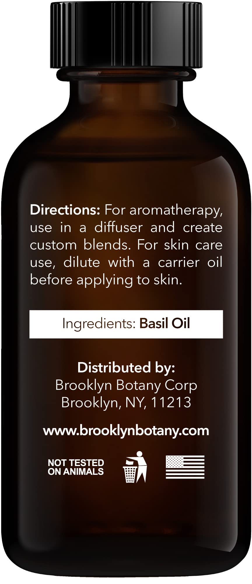 Amber glass bottle with Brooklyn Botany Basil Essential Oil label