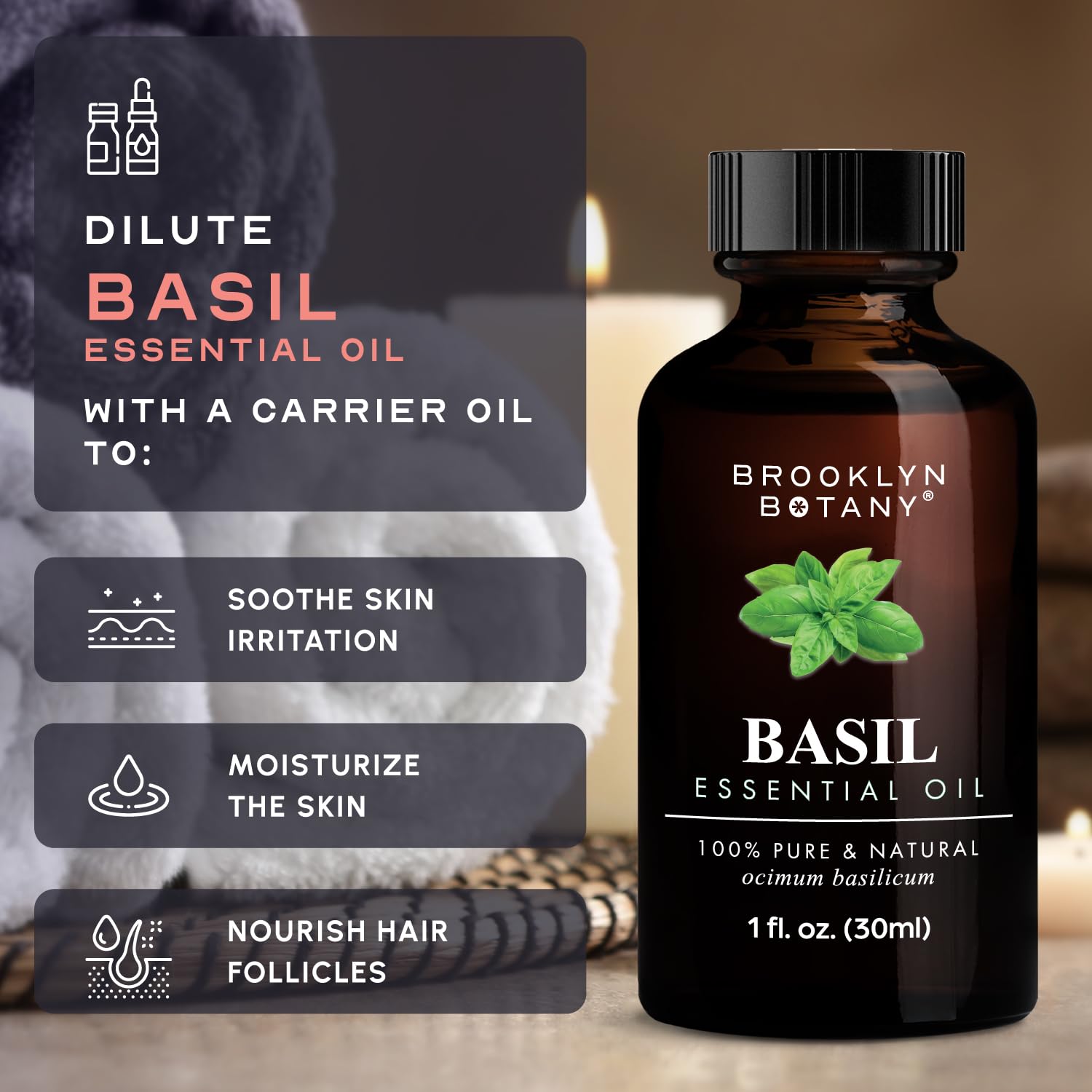 Close-up of Brooklyn Botany Basil Essential Oil label on bottle
