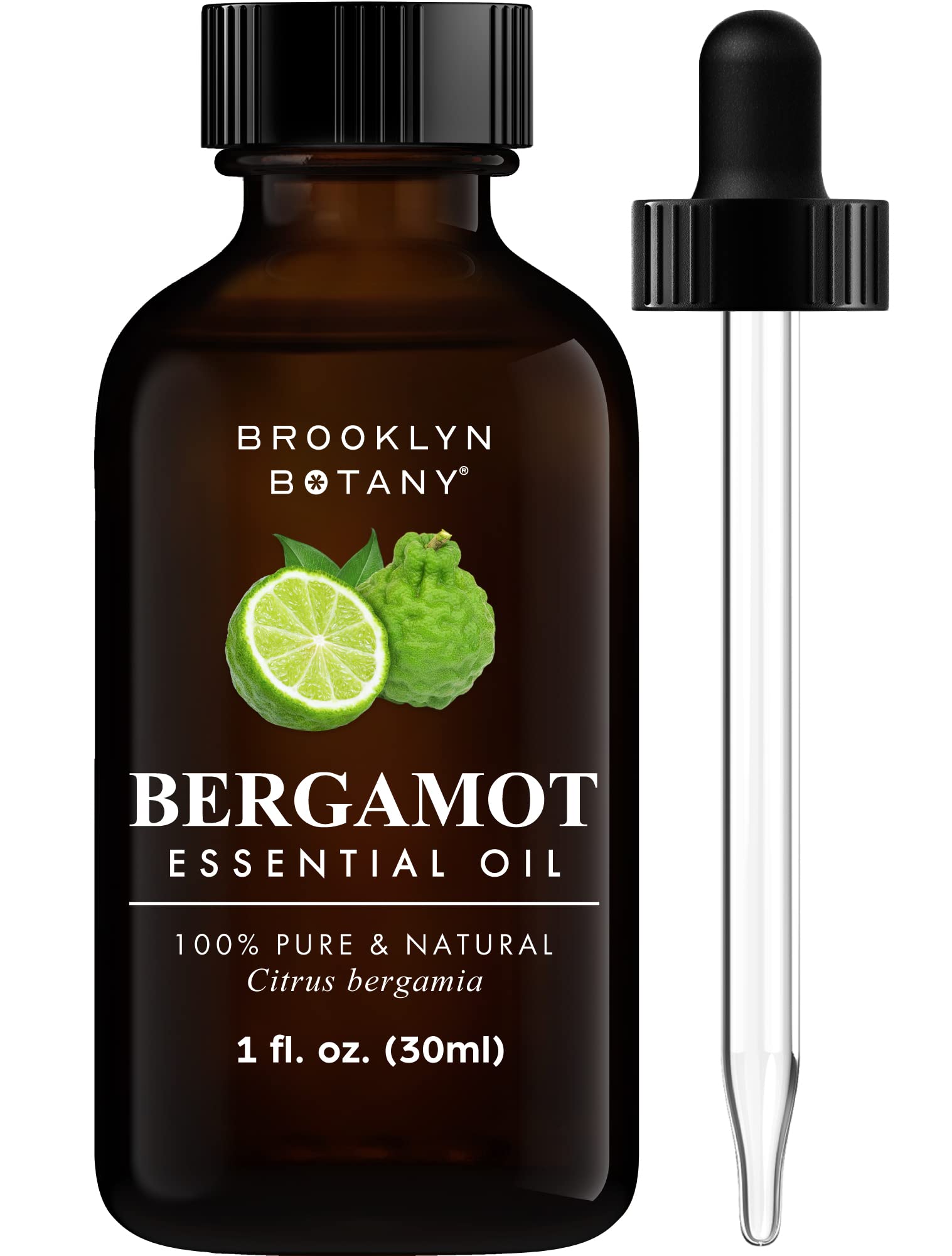Brooklyn Botany Bergamot Essential Oil in amber glass bottle with dropper
