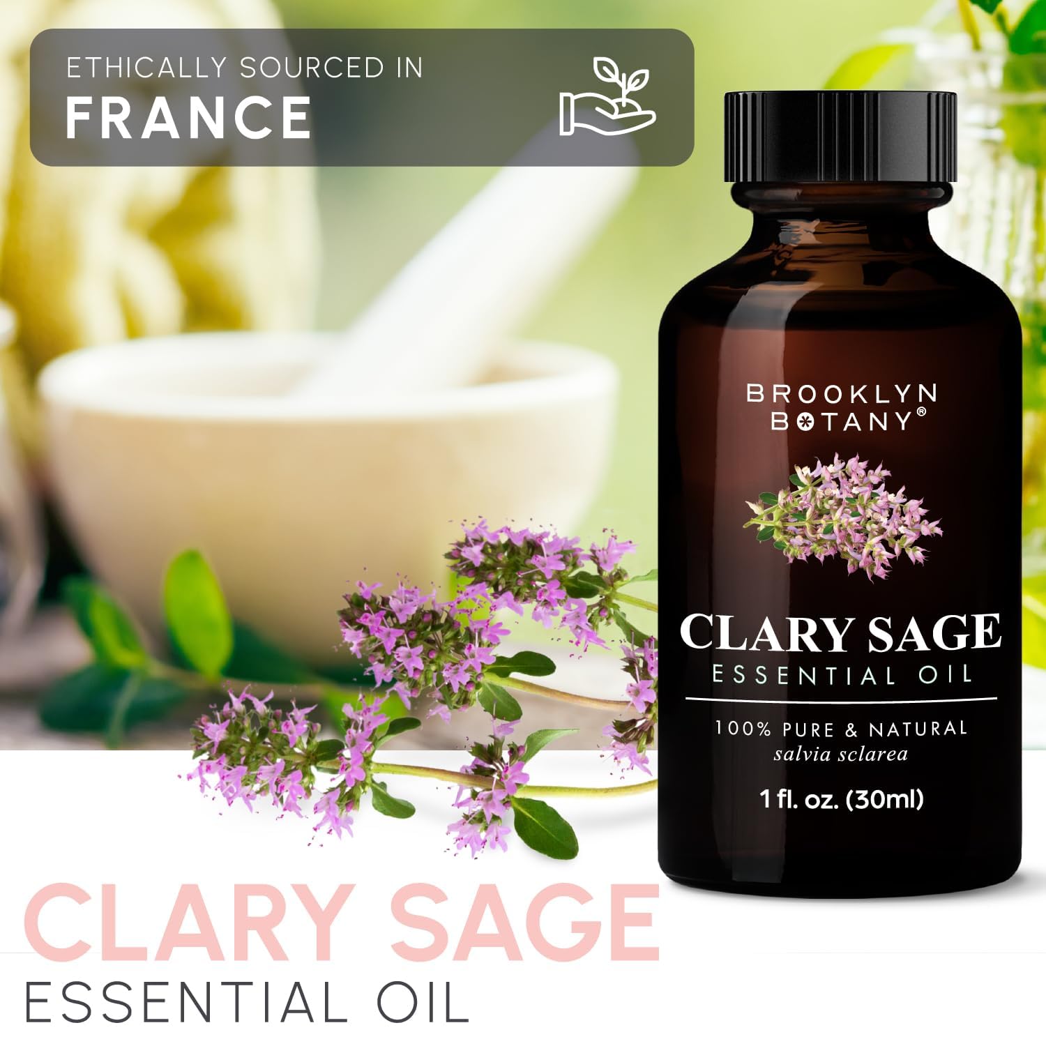 Label showing 100% Pure Clary Sage Essential Oil