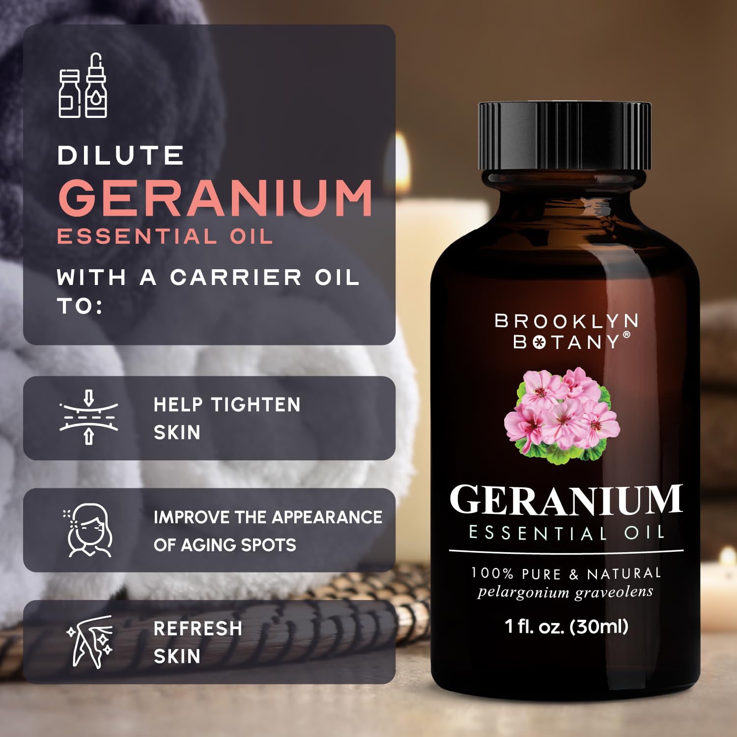 Close-up of USA bottled statement on Brooklyn Botany Geranium Oil