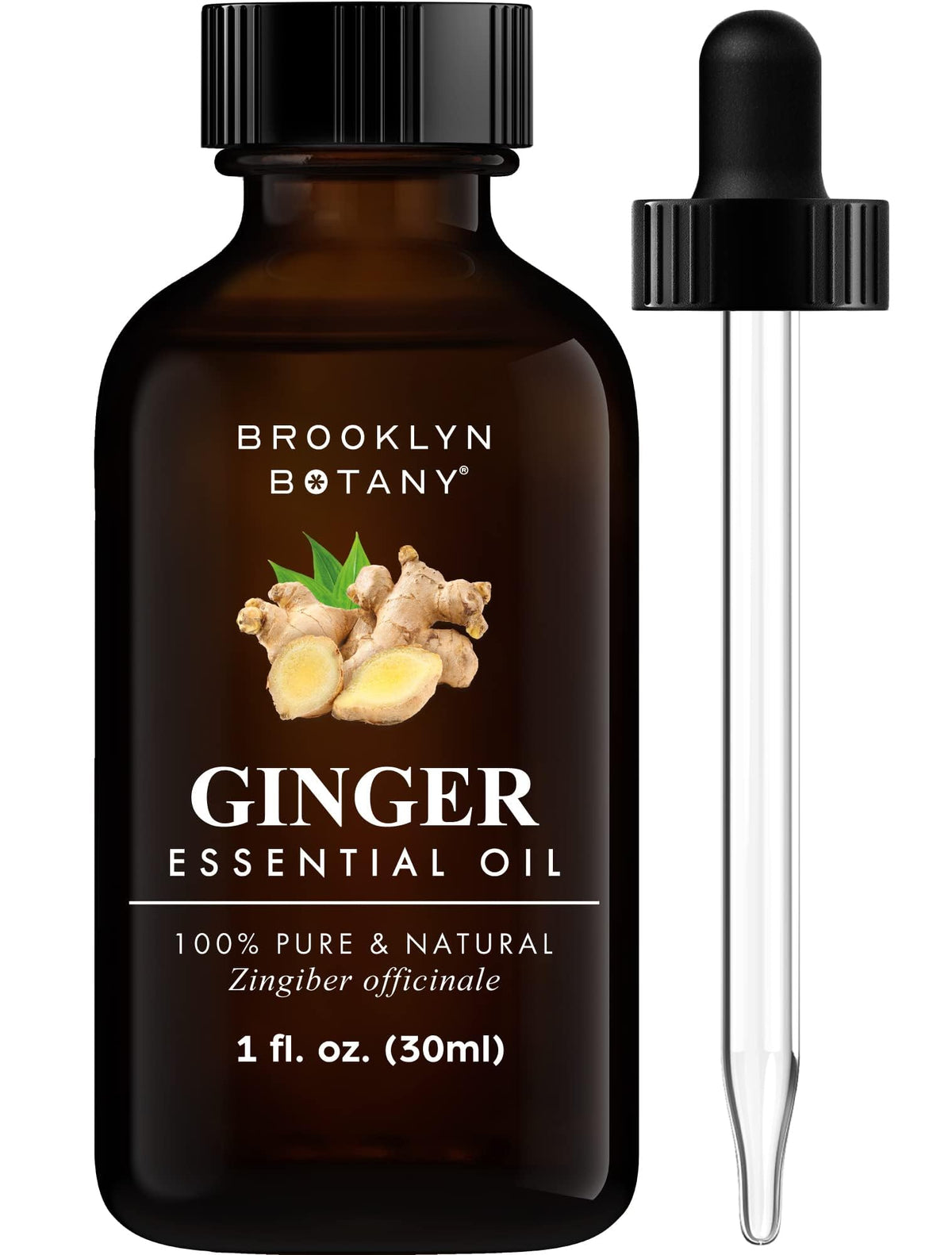 Ginger essential oil in an amber glass bottle with dropper