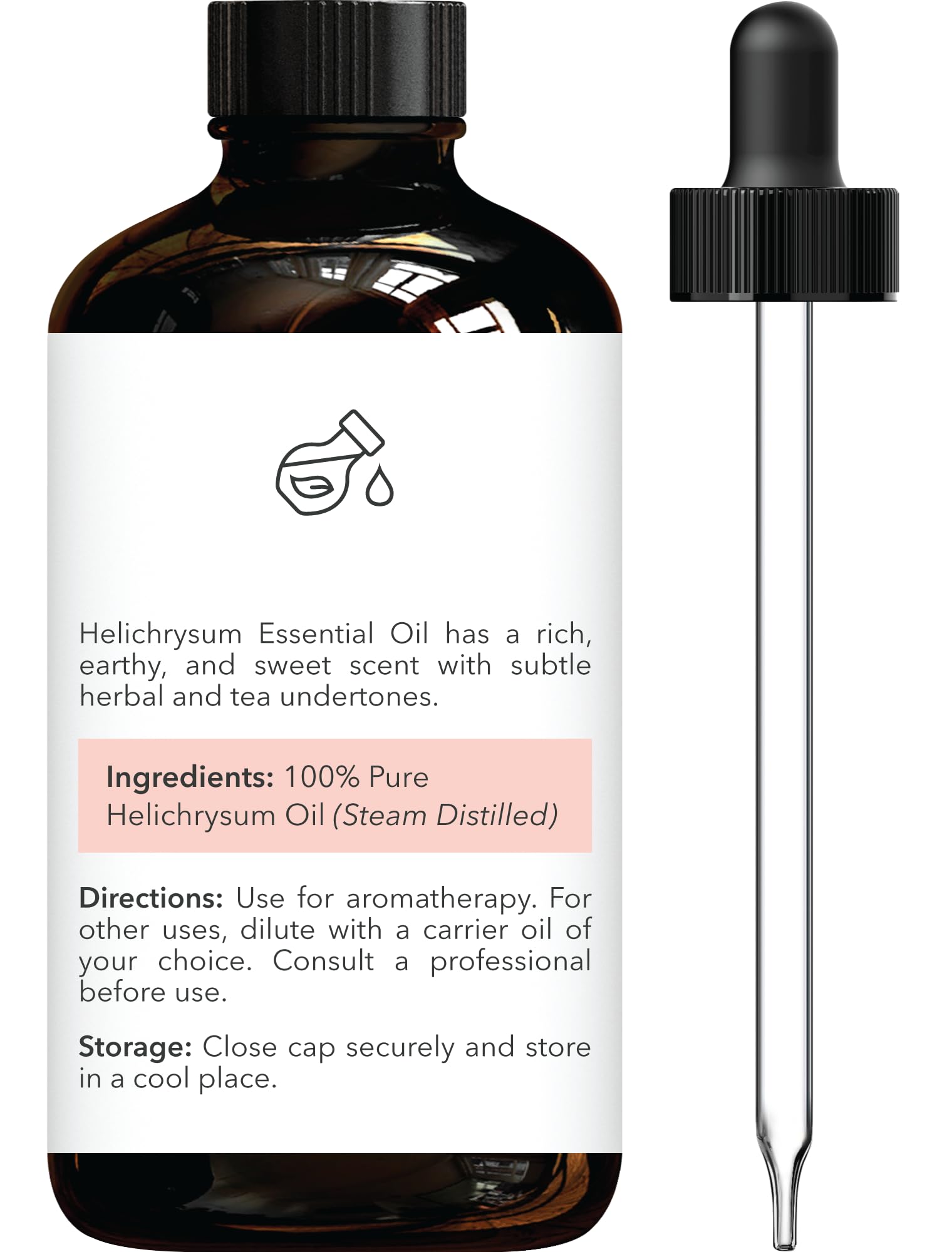 Amber glass bottle of Helichrysum essential oil with dropper