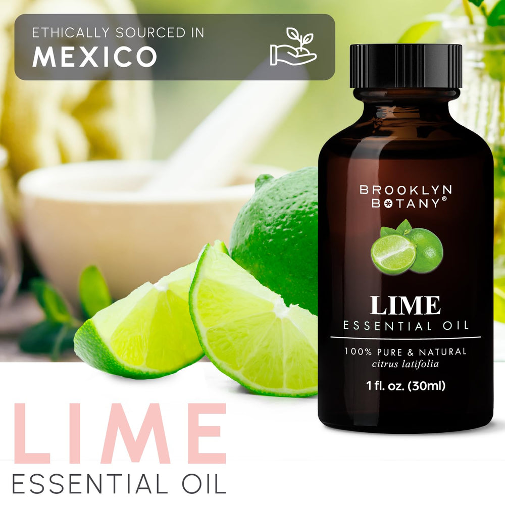 Close-up of amber glass bottle for Brooklyn Botany Lime Essential Oil