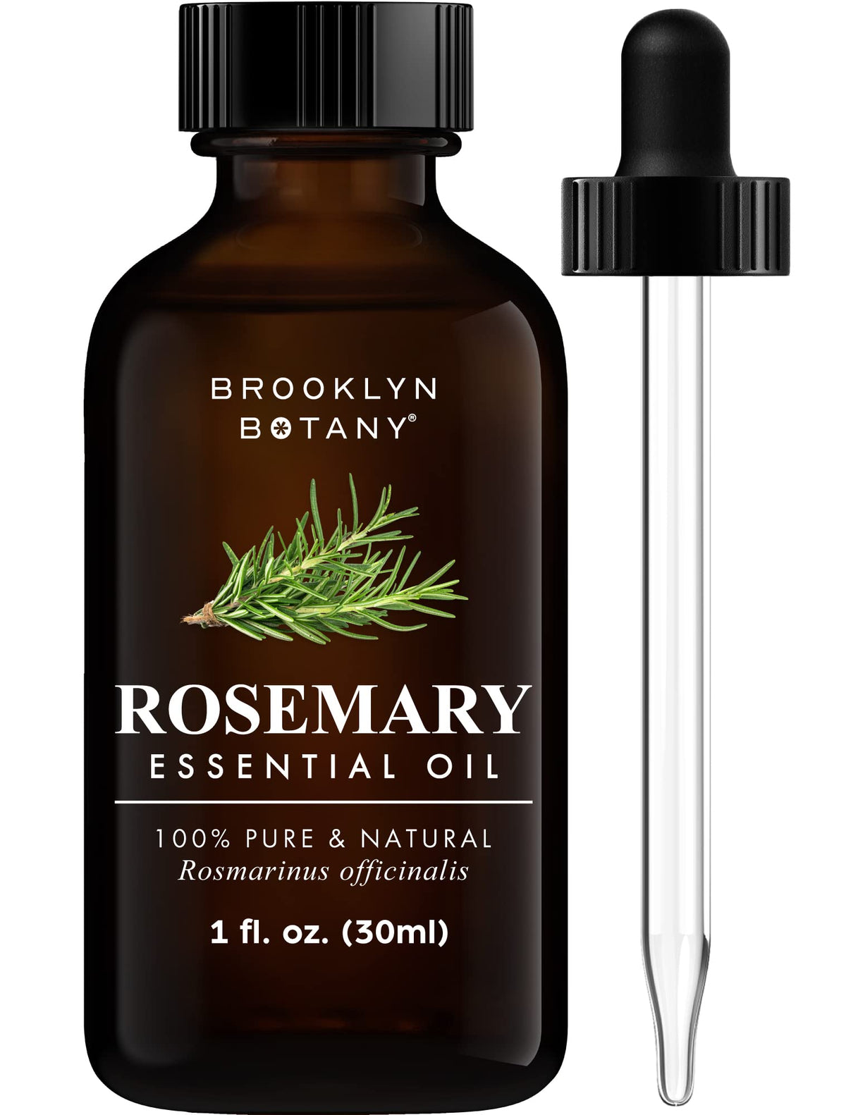 Brooklyn Botany Rosemary Essential Oil in 1oz amber glass bottle with dropper