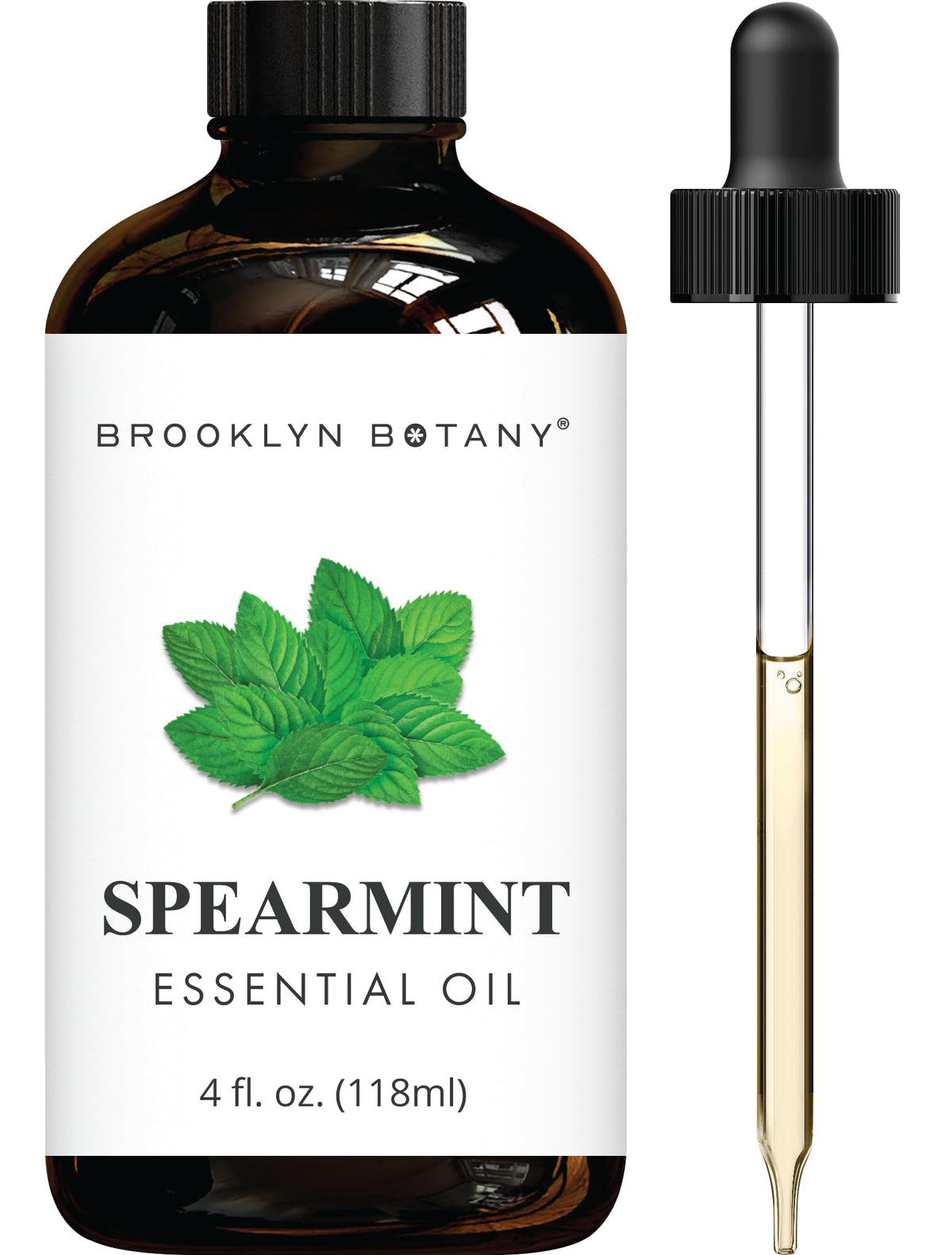 Spearmint essential oil bottle, 4 oz, amber glass with dropper
