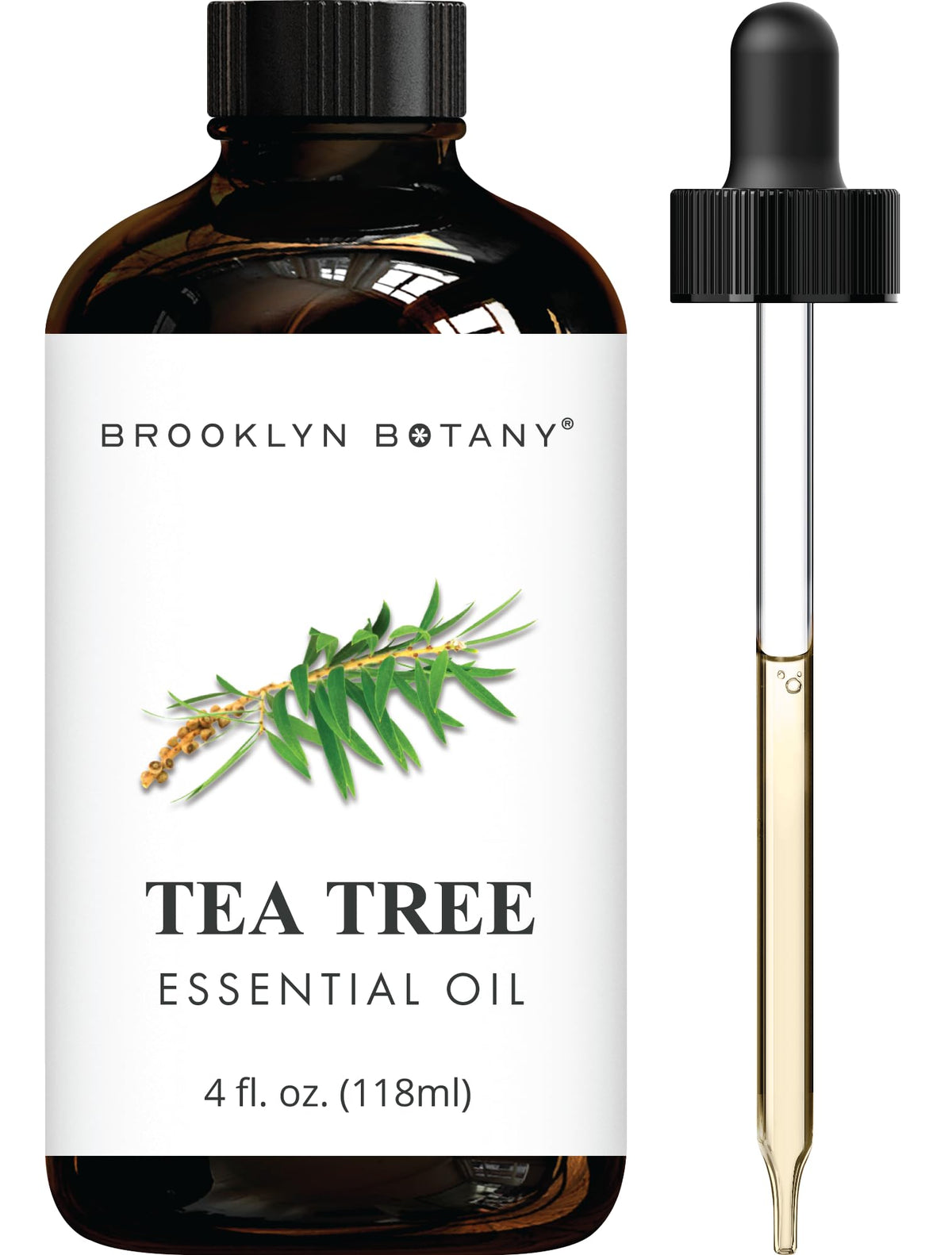 Amber glass bottle of Brooklyn Botany Tea Tree Essential Oil 4 oz with dropper
