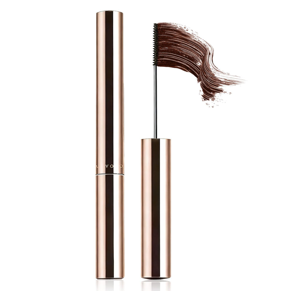 Brown Mascara bottle application shows smooth, even coating for defined lashes.
