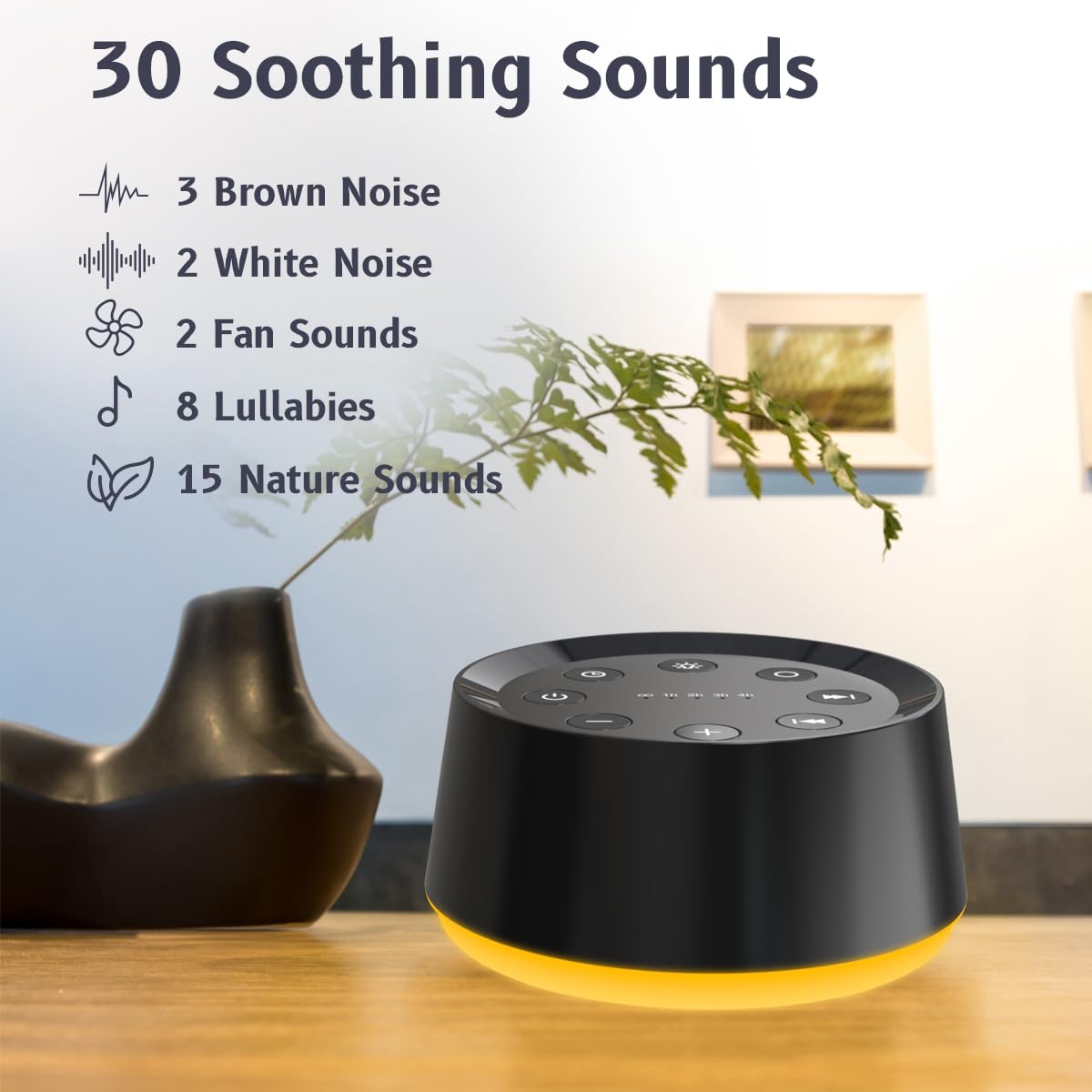 BrownNoise control panel shows volume, timer, and light options for customization.