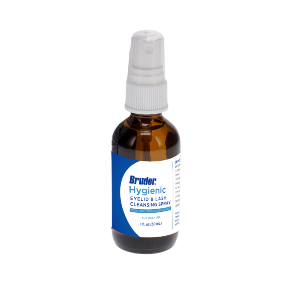 Bruder eyelid cleanser spray used without rinsing for quick refreshment.