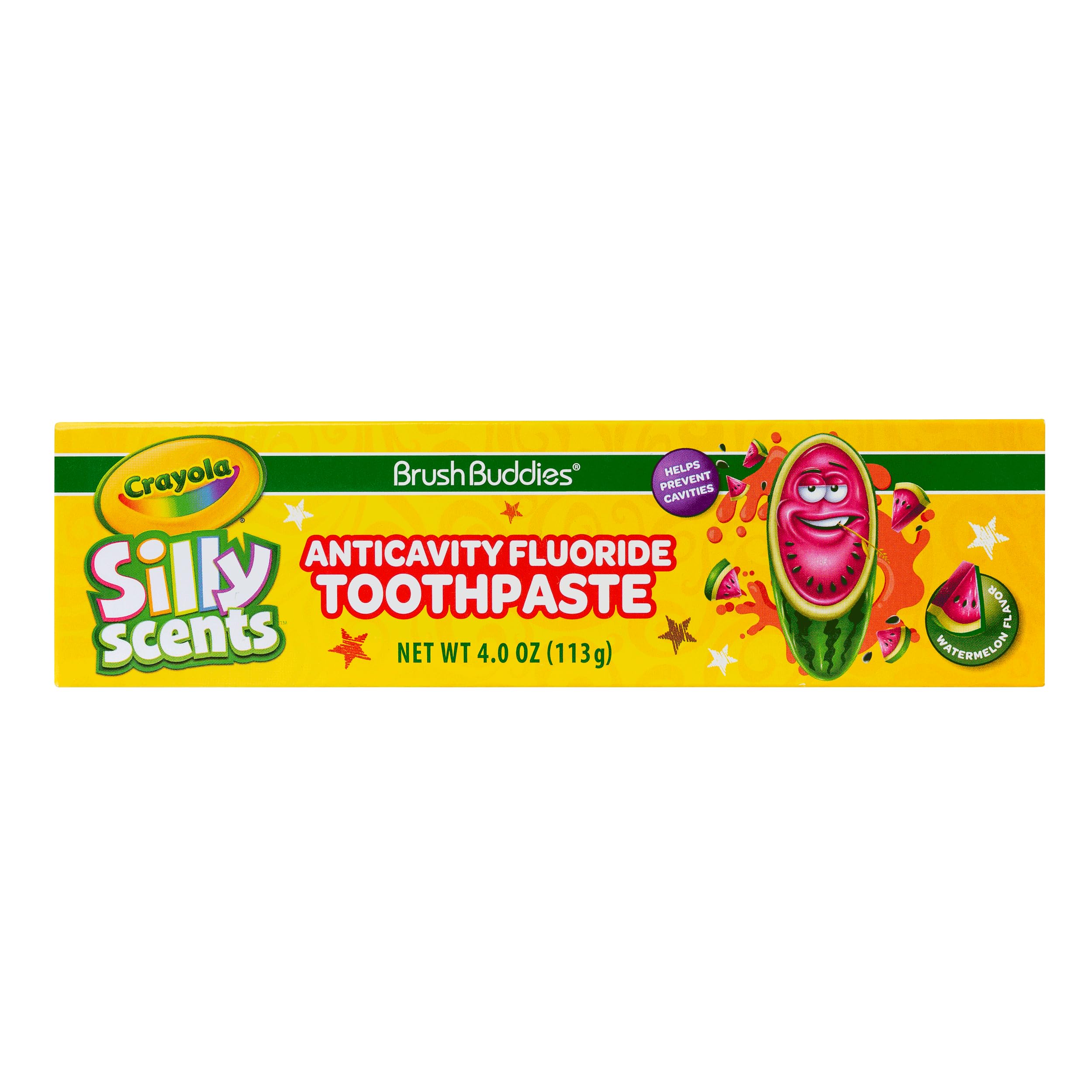 Bottle of Brush Buddies Crayola Silly Scents Watermelon flavored toothpaste for kids ages 2+
