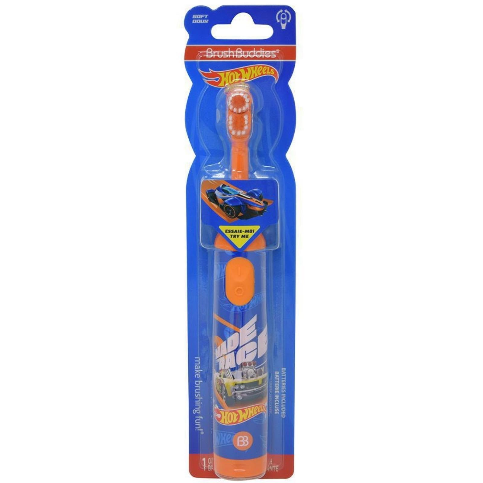Front view of Brush Buddies Hot Wheels electric toothbrush
