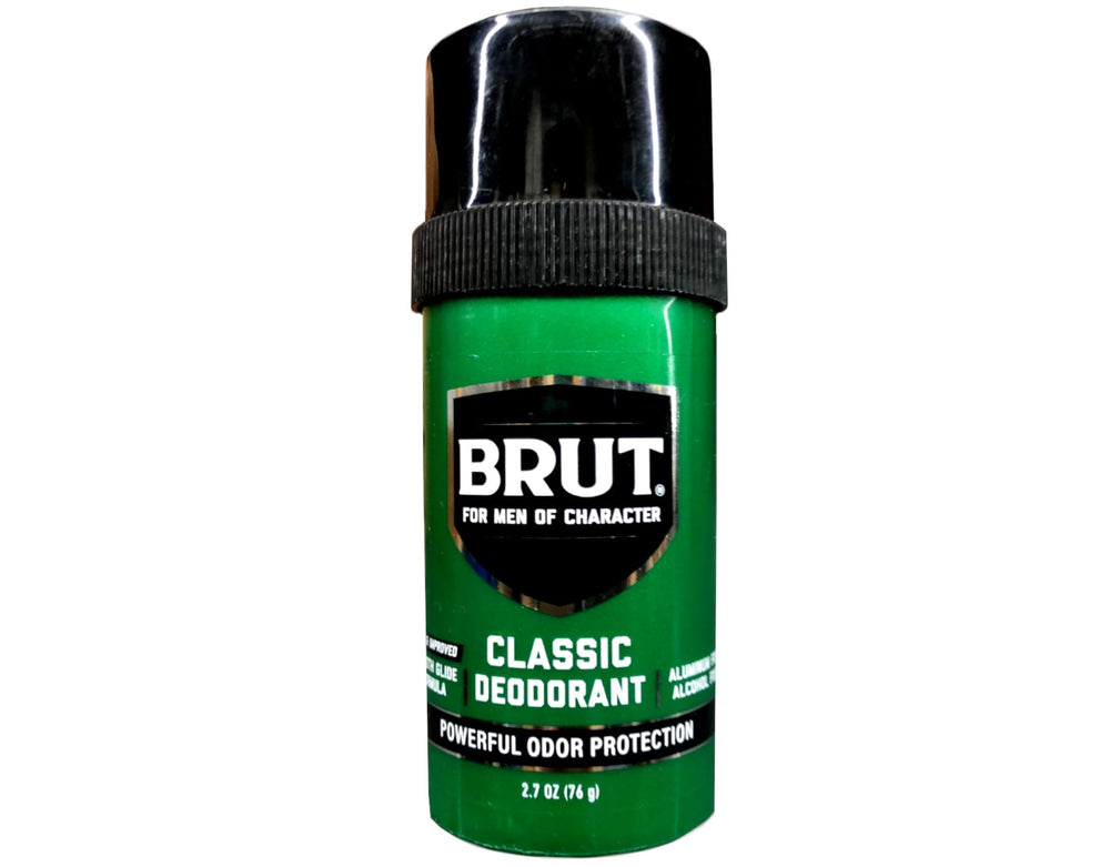 BRUT Classic Round Deodorant Stick on a desk setting for office protection.