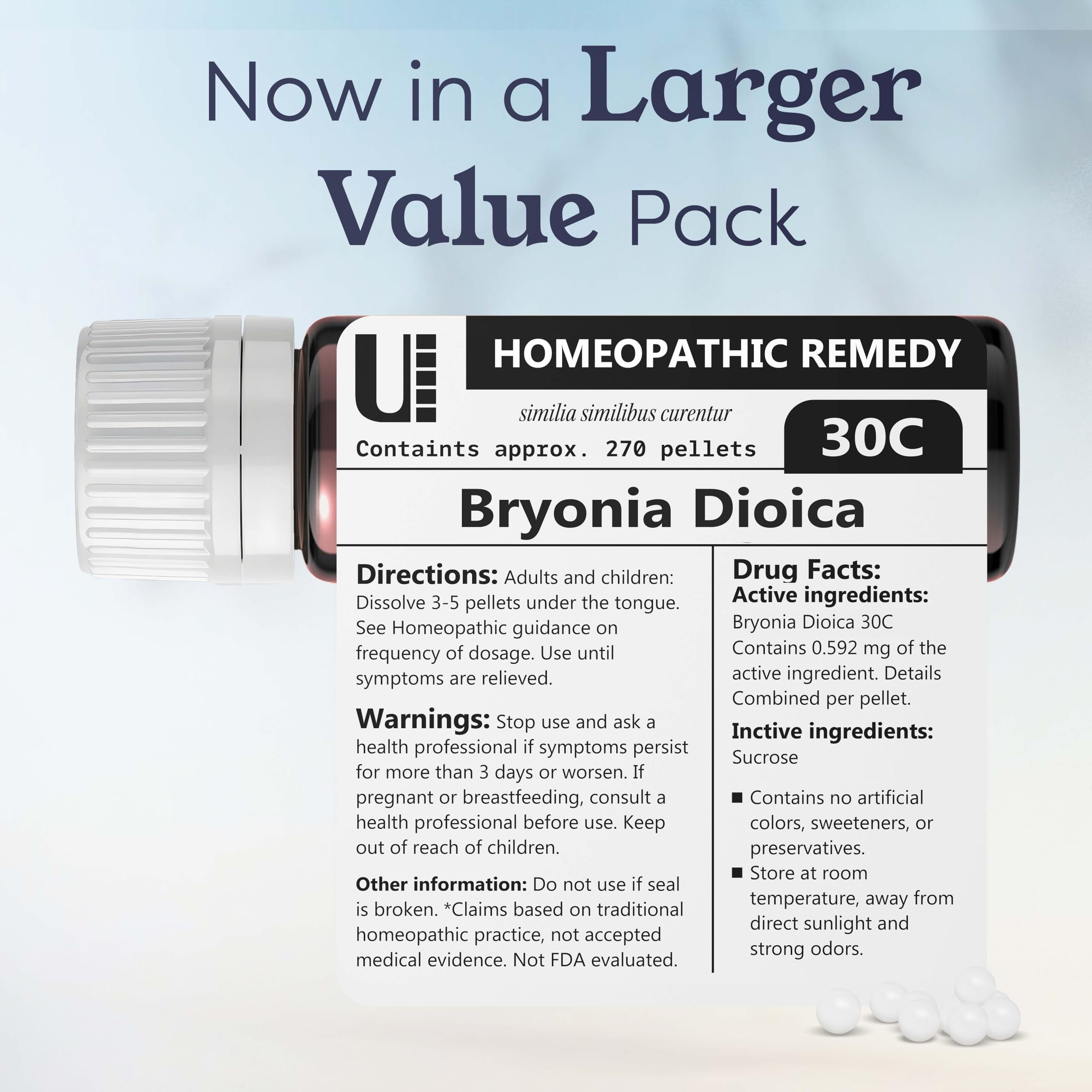 Packaging shows 270 pellets equal 90 doses for Bryonia Dioica 30C