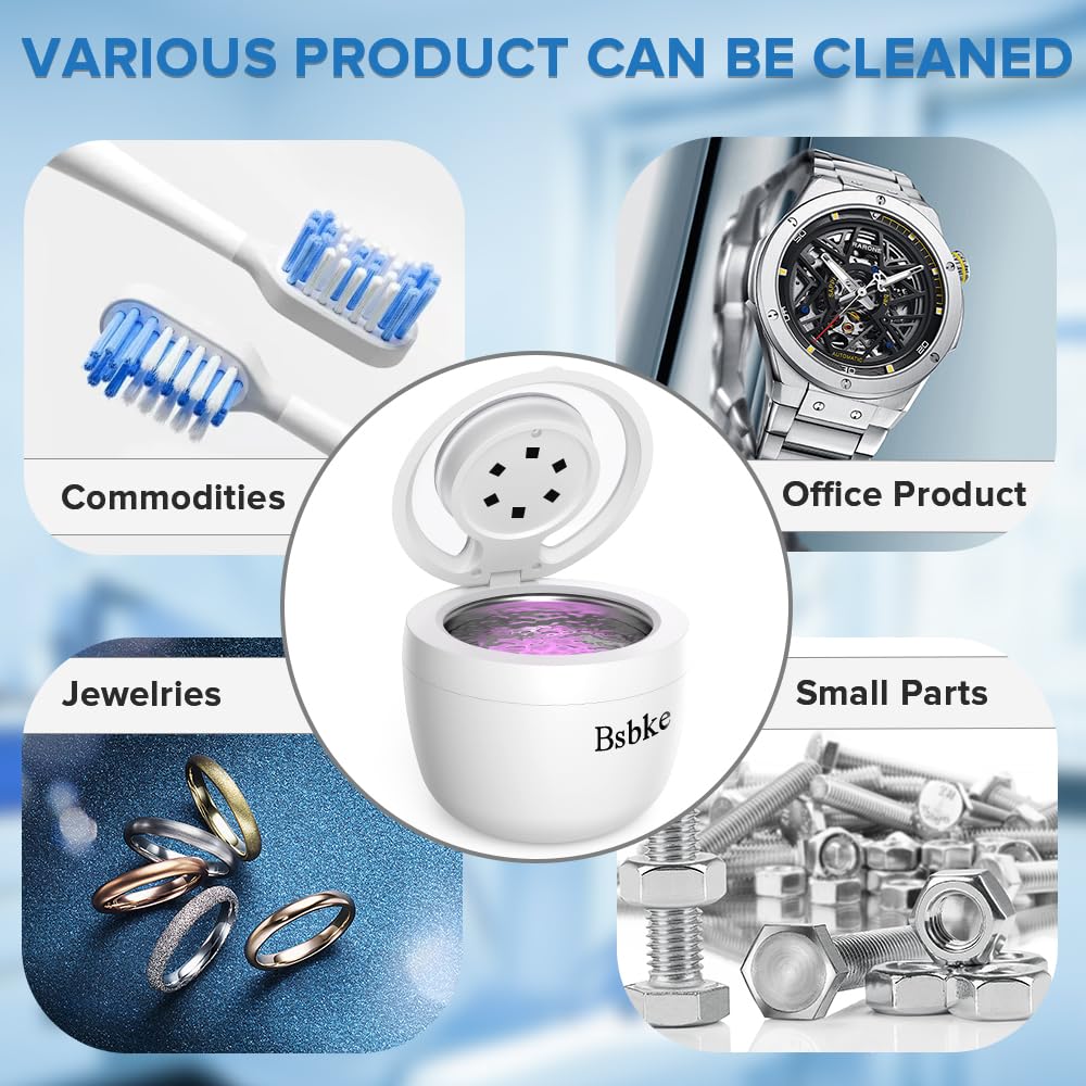 Accessories include denture brush, tweezers, cleaning cloth and non slip base