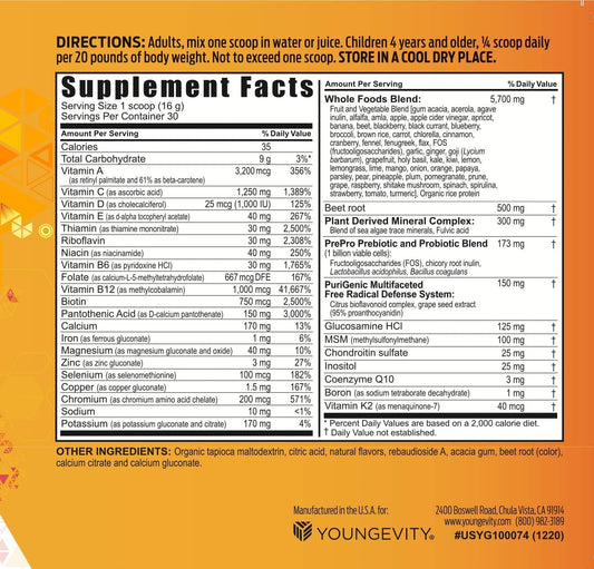 Tub packaging of Youngevity BTT 2.5 Tropical Tangerine multi-vitamin powder
