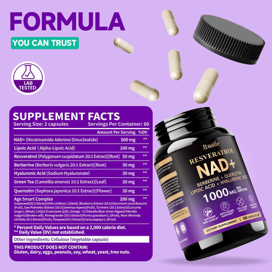 Graphic showing NAD+ precursors with Resveratrol and Quercetin