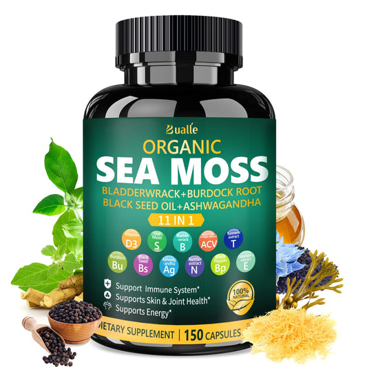 Bualle Sea Moss Capsules bottle on white background