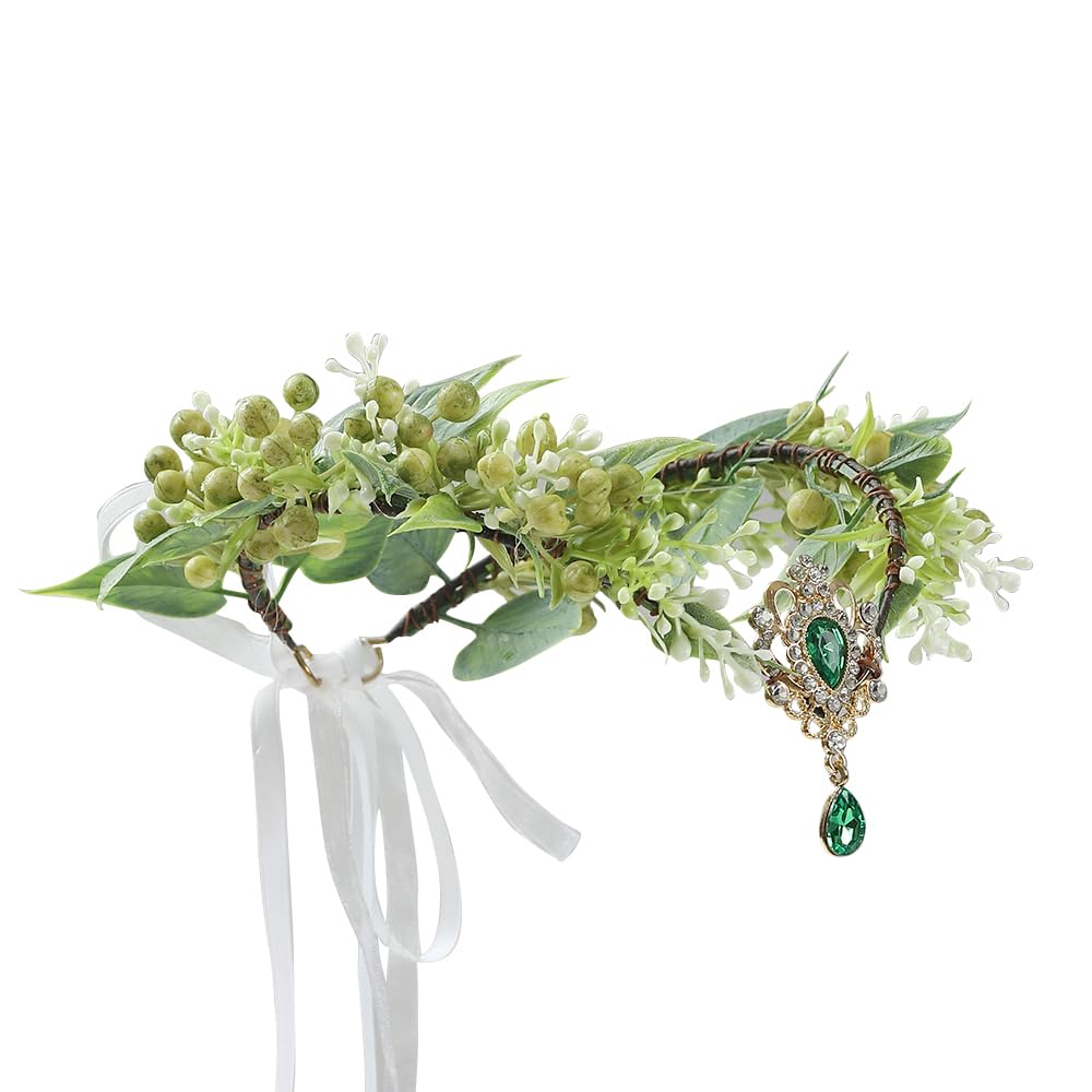 Bubbmi green flower wreath headband with pendant for a delicate bridal-inspired look.
