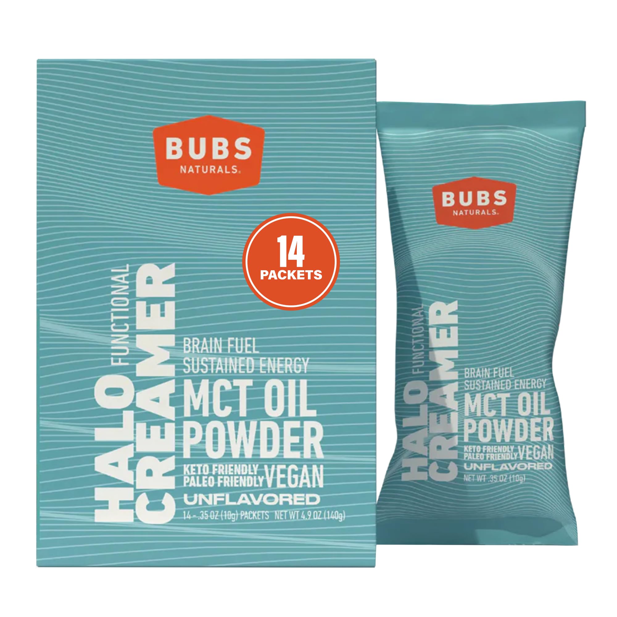 Front view of BUBS Naturals MCT Oil Powder Packets with label