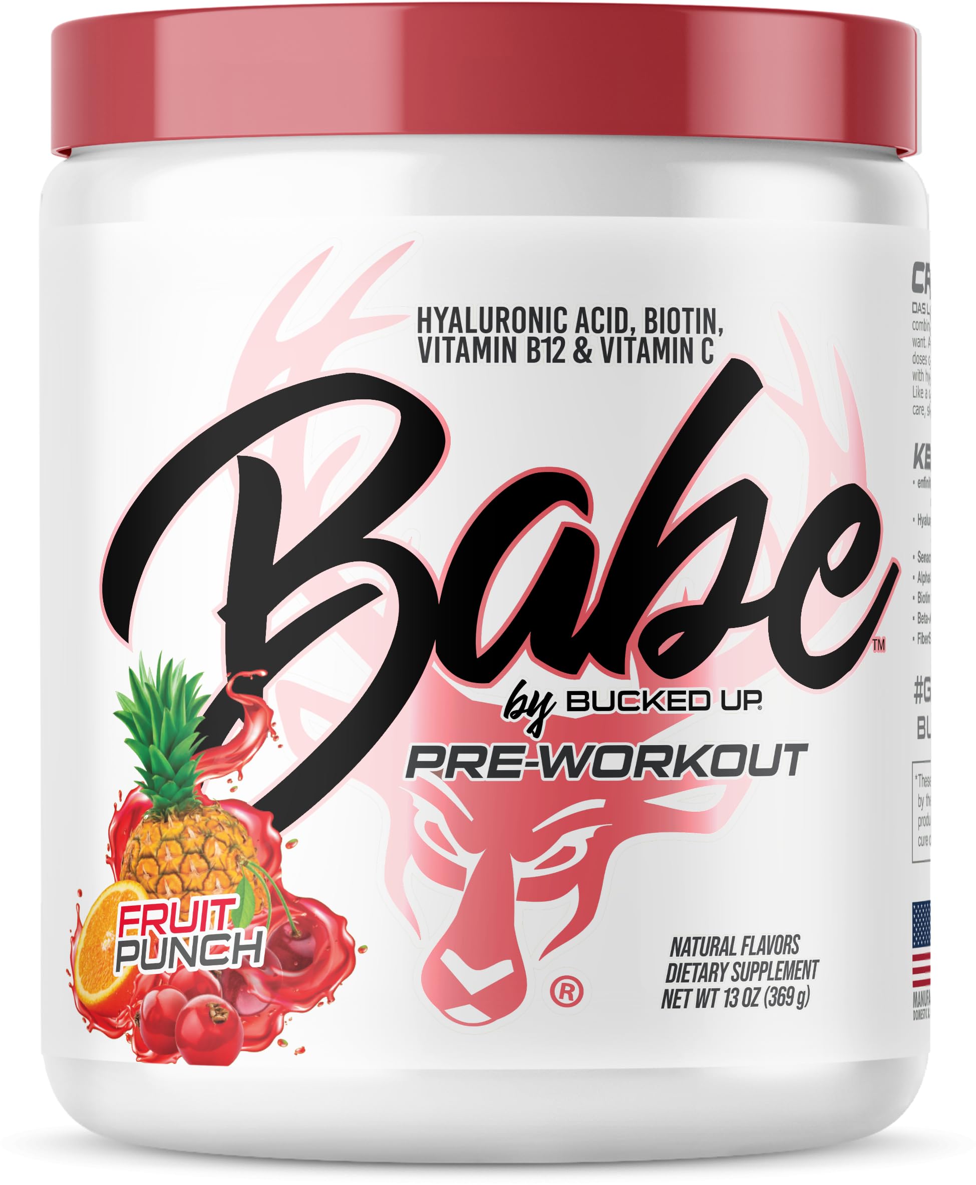 Bottle of Bucked Up Babe Pre-Workout Powder for Women in Fruit Punch flavor