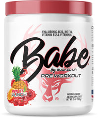 Bottle of Bucked Up Babe Pre-Workout Powder for Women in Fruit Punch flavor