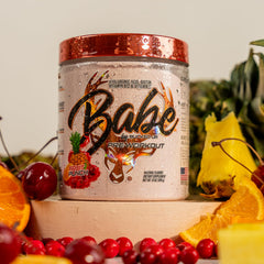 Close-up of Bucked Up Babe packaging label Fruit Punch 30 servings 13 oz