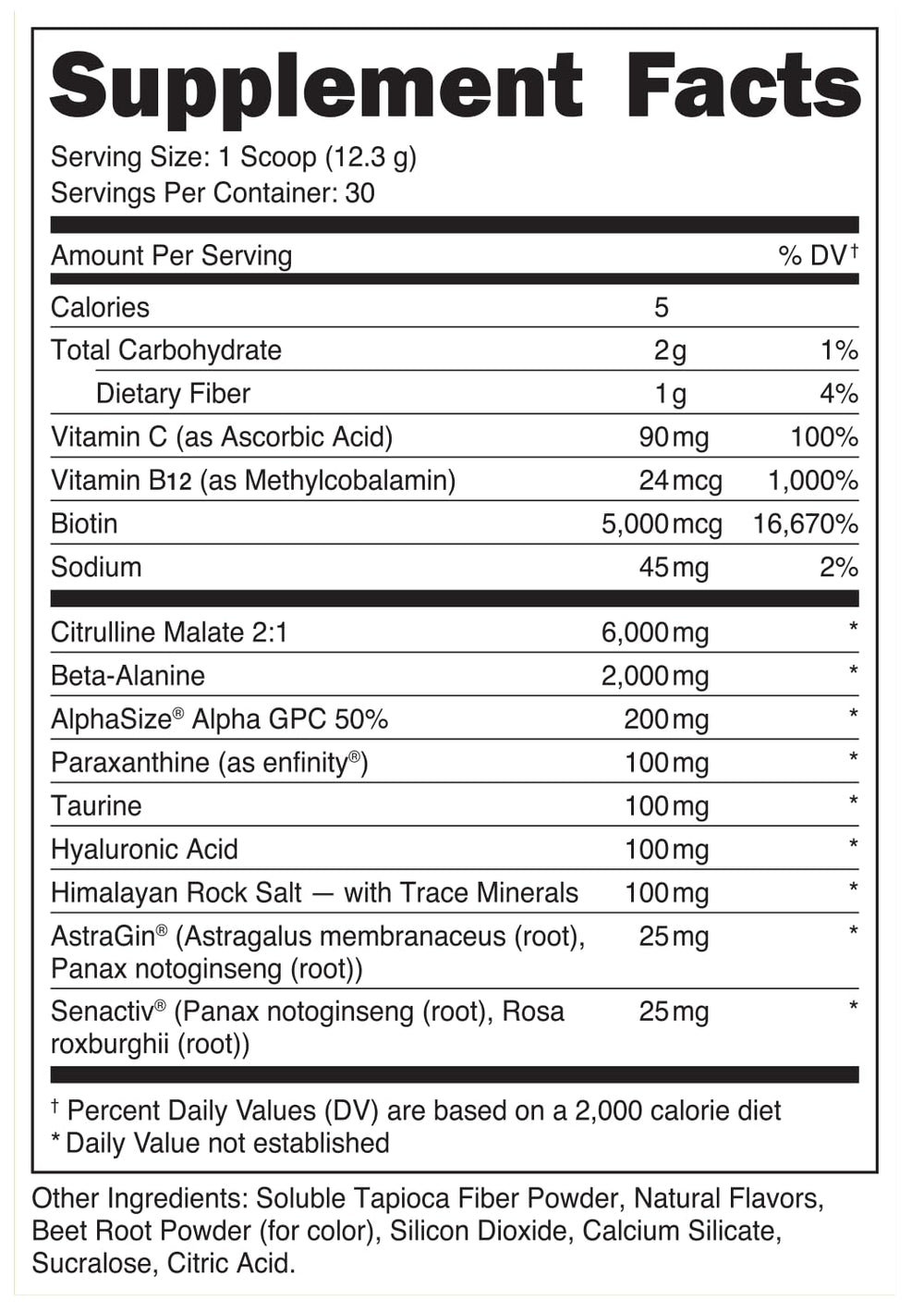 Ingredient highlights 6 g Citrulline 2 g Beta-Alanine 100 mg Hyaluronic Acid 5 mg Biotin