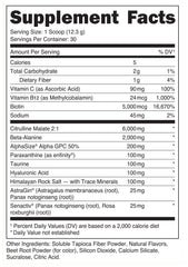 Ingredient highlights 6 g Citrulline 2 g Beta-Alanine 100 mg Hyaluronic Acid 5 mg Biotin
