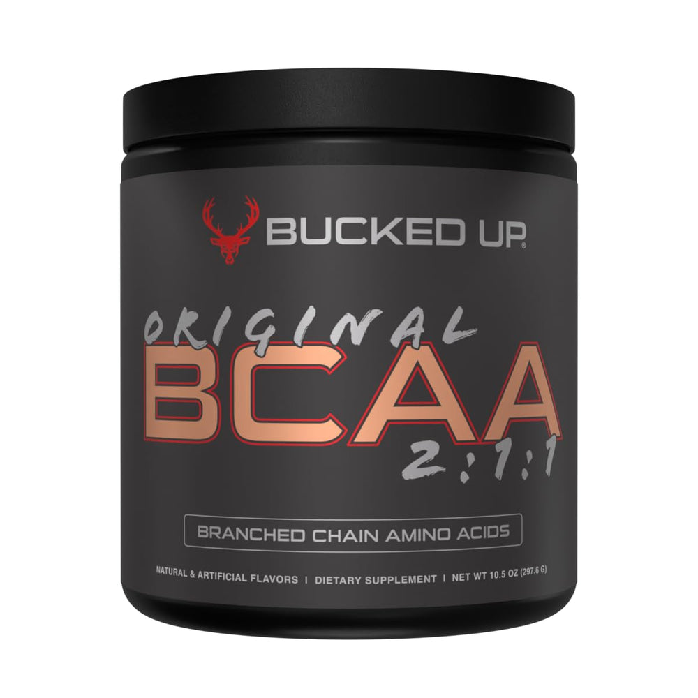 Bucked Up tub front view showing Apple Jacked flavor and 30 servings benefit