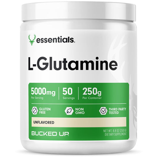 Bucked Up L-Glutamine Essentials bottle and label