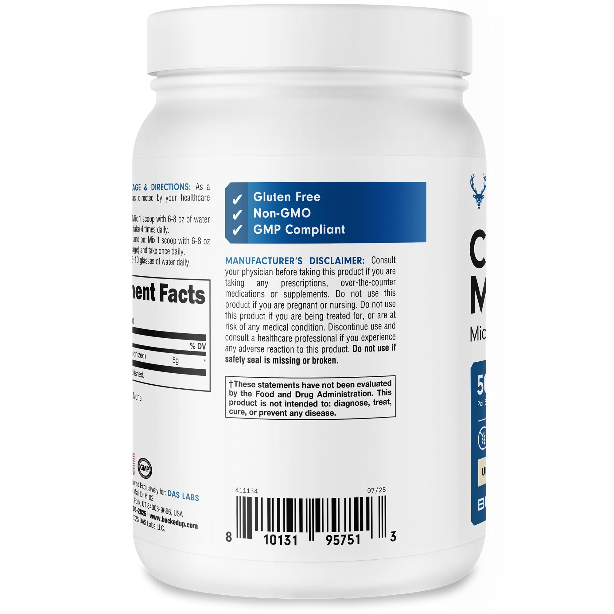 Made in USA; GMP-compliant facility information on Bucked Up Creatine packaging