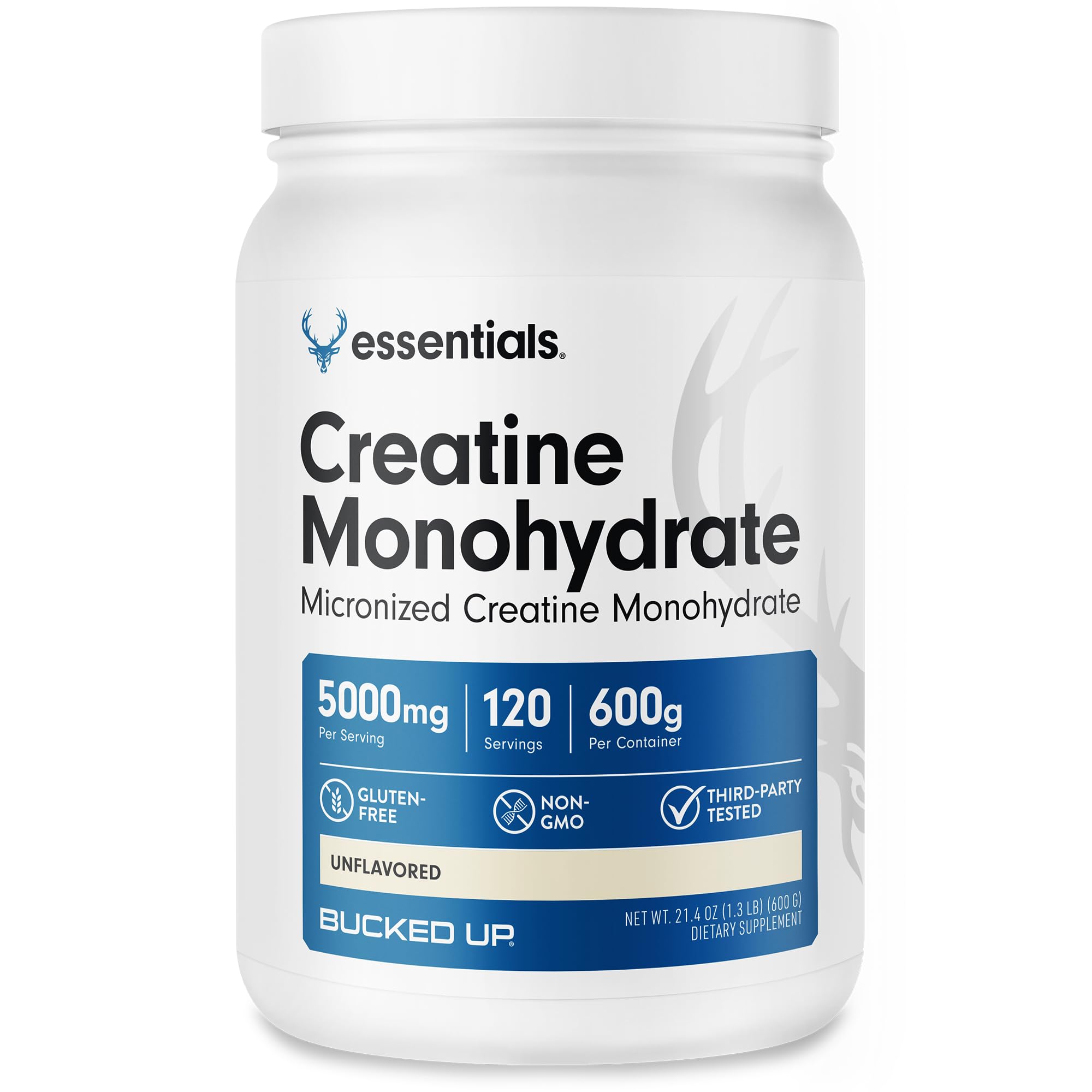 Front view of Bucked Up Pure Creatine Monohydrate 600 g container