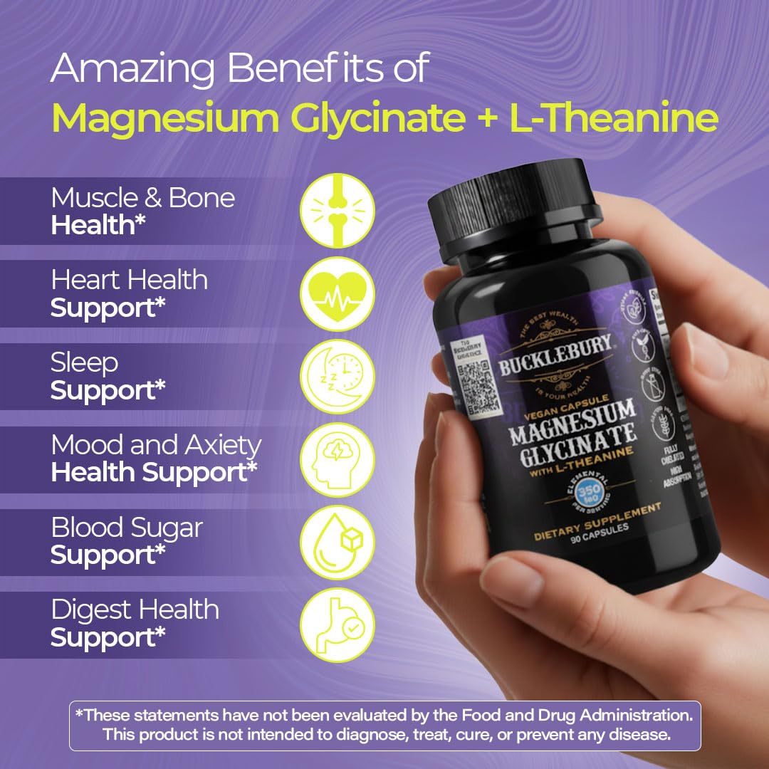 Close-up of Bucklebury Magnesium Glycinate 350mg with L-Theanine bottle