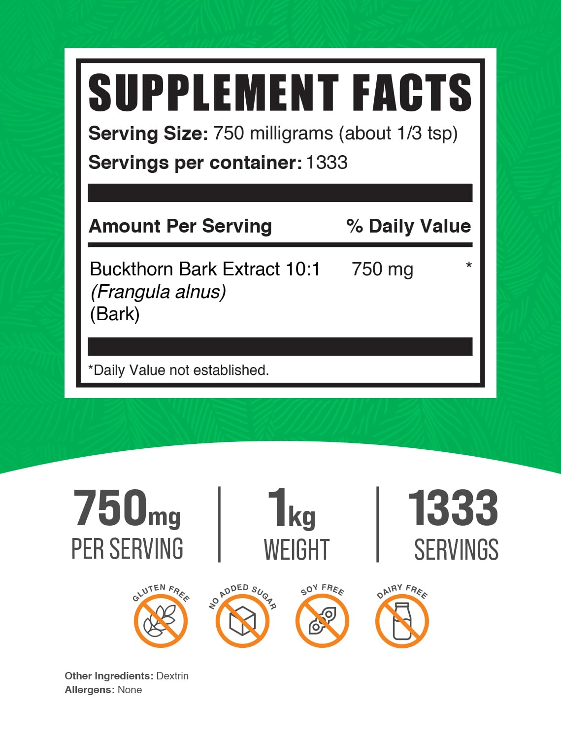 Container of Buckthorn Bark Extract Powder 750mg 1kg