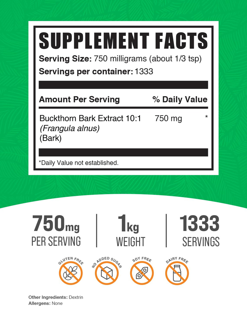 Container of Buckthorn Bark Extract Powder 750mg 1kg